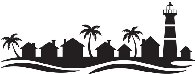 Obraz premium Silhouette coastal village with lighthouse, palm trees and houses on a wavy shoreline