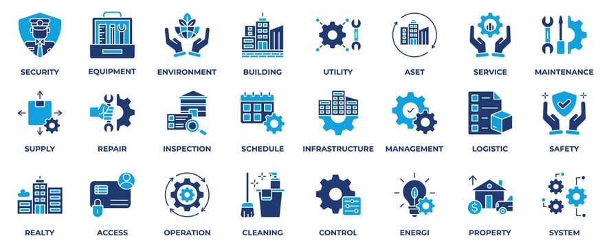 Facility Management Icon Collection Set. With icon Security, Equipment, Environment, Building, Utility, Asset, Service, Maintenance, Repair, Inspection and Schedule. Flat Blue Icon Vector Illustration