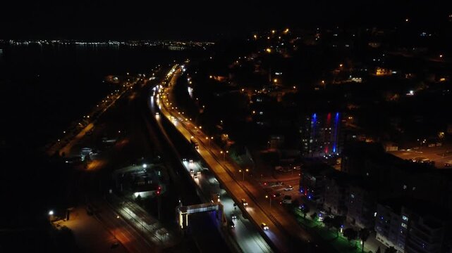 Samsun city in Turkey, aerial view at night