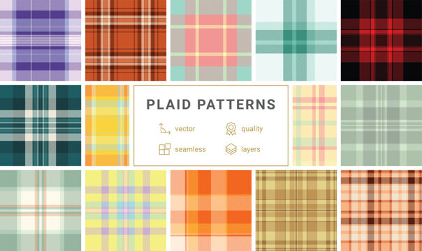 Plaid pattern set capturing lumberjack heritage and England style. Vector patterns ideal for casual apparel, scarves, blankets, and printable media.