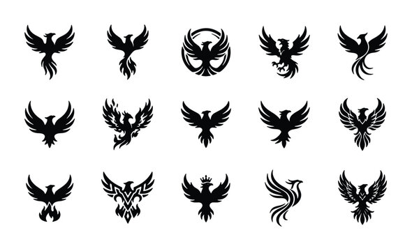 Phoenix bird logo collection, 15 black mythical firebird icons, heraldic eagle silhouettes, tribal flying phoenix vector set for branding and tattoos