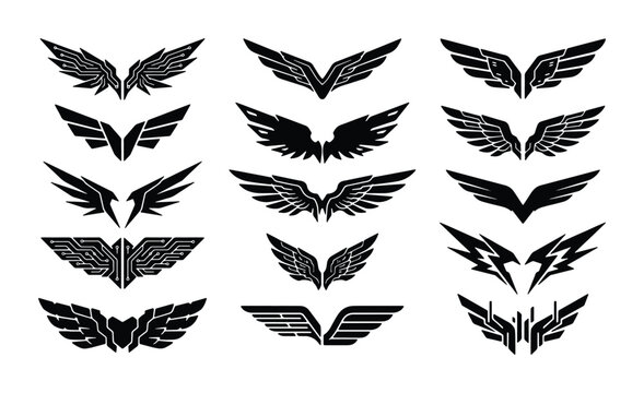 Futuristic mechanical wings collection, 15 black vector wing icons, cybernetic and geometric wing silhouettes for gaming and esports branding