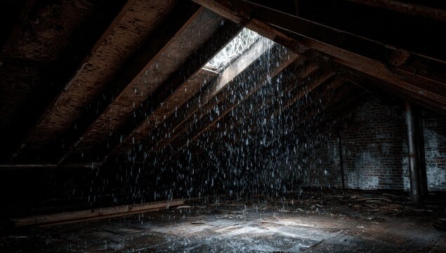 Rain pours through a gaping hole in the roof of a dilapidated attic space.