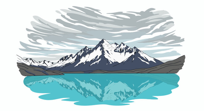 Snow-capped mountains reflected in a vibrant turquoise lake under a cloudy sky
