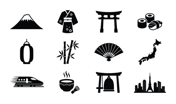 Japanese culture icon set with 12 black vector symbols, traditional Japan travel elements, sushi and landmark illustrations for tourism design