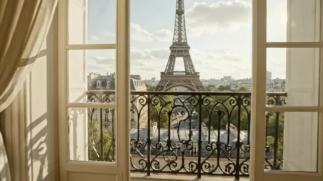 Luxurious Paris Apartment Interior View Eiffel Tower Sunlight Bathes Room