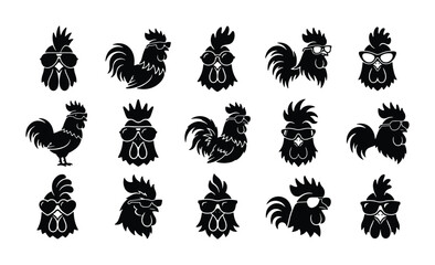 Cool rooster silhouettes with sunglasses, set of 15 black chicken icons, funny farm animal character vector collection for logo design © AlAmin