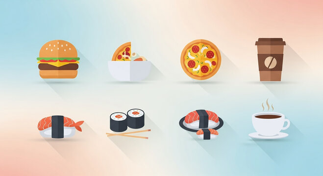 Assorted icons depicting various popular food and drink items