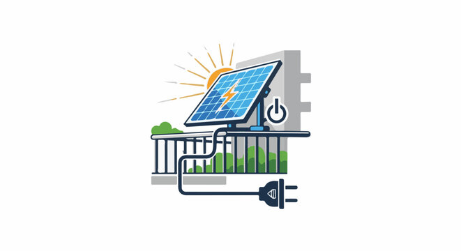 Solar panel with plug on a balcony, sun shining, generating electricity