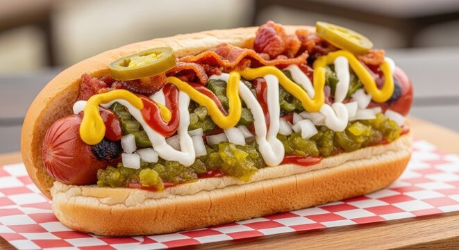 Delicious Gourmet Hot Dog with Toppings.