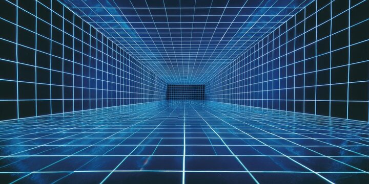 Abstract Blue Grid Tunnel Perspective Background.