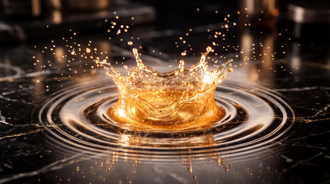 Golden liquid splash impact on black marble surface, creating dynamic crown shape and ripples, high speed photography, luxurious and dramatic lighting, close up detail