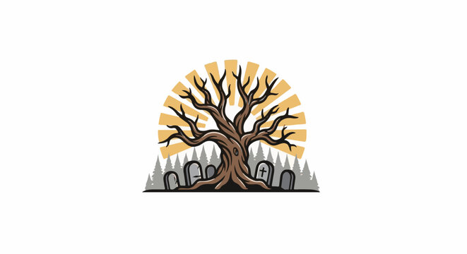 Spooky bare tree with tombstones and sunburst graphic