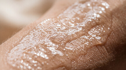 Fototapeta premium Moisturizing gel texture close up on human skin, showing hydration, smooth surface, and clear droplet pattern, evoking fresh and healthy feeling