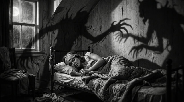 Horrible shadow creatures surround a sleeping blindfolded woman, causing overwhelming fear, panic and horror. Nightmarish shadows of monsters loom over the vulnerable woman. Cinematic, surreal, dark 