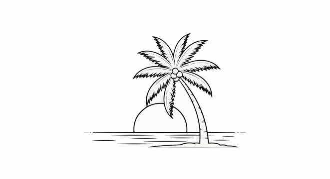 Stylized black and white drawing of a palm tree with coconuts on a beach at sunset
