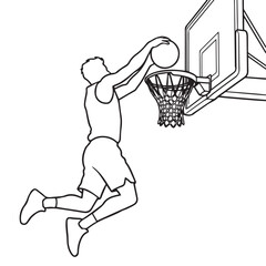 Silhouette line art of a basketball player leaping for a slam dunk © @Imagination-Graphic