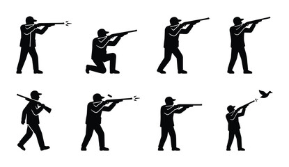 Hunting silhouette icons set, hunter with shotgun and rifle vector illustrations, shooting sports and duck hunting collection of 8 black figures © Nazia