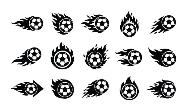 Flaming soccer ball icons set, black and white football fire trail vectors, 15 sports logo elements, dynamic burning soccer ball silhouettes for team branding