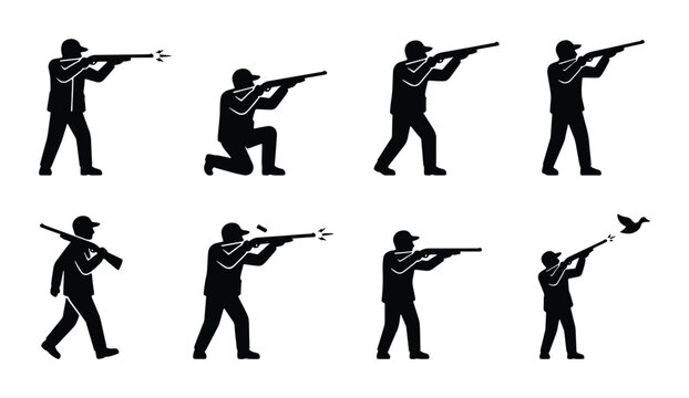 Hunting silhouette icons set, hunter with shotgun and rifle vector illustrations, shooting sports and duck hunting collection of 8 black figures
