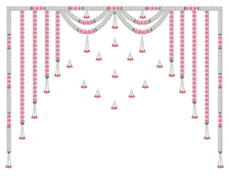 Festive indian door hanging decoration in pastel pink and white flowers isolated on transparent background.