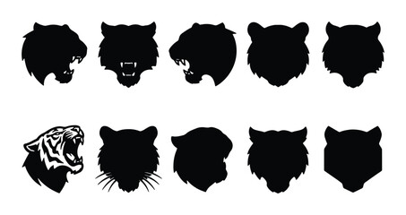 Tiger head silhouette collection, 10 wild cat mascot icons, black feline predator profiles, roaring tiger vector set for sports logos and branding © Sharifa