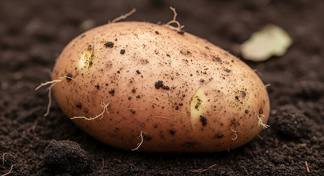 A large, dirty potato with soil and roots on its surface in the ground