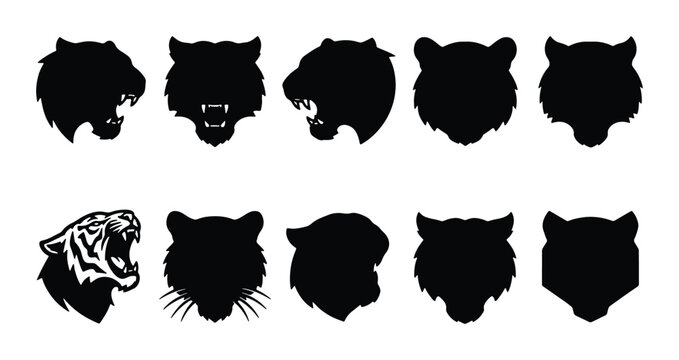 Tiger head silhouette collection, 10 wild cat mascot icons, black feline predator profiles, roaring tiger vector set for sports logos and branding