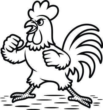 Cartoon angry rooster mascot character with clenched fists