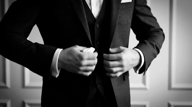 Man fastens suit jacket black and white formal wear studio shot