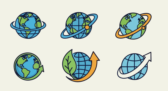 Six simple flat icons of Earth with various orbiting elements and growth symbols
