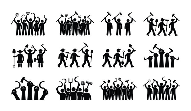 Protesting workers and angry farmers stick figure icons, set of 12 vector silhouettes holding tools, labor strike and peasant revolt graphics