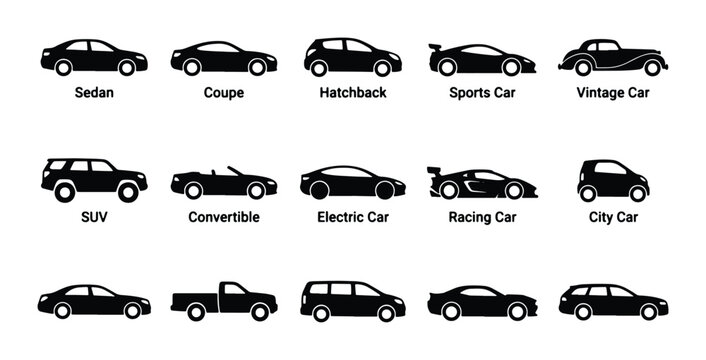Car body type icons set, black vehicle silhouettes including sedan, suv, and sports car, 15 automotive vector symbols for transportation infographics