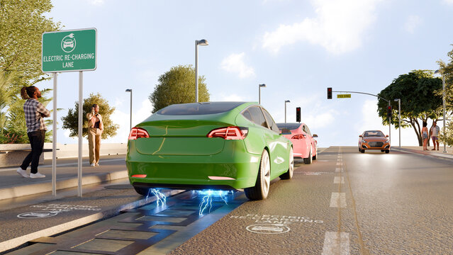 3D conceptual render of an electric vehicle circulating on a smart re-charging lane