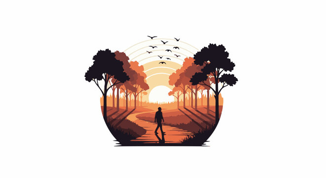 Silhouette of person walking on a path through trees at sunset