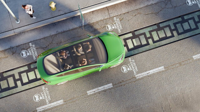 3D illustration top view of an electric vehicle on a re-charging lane