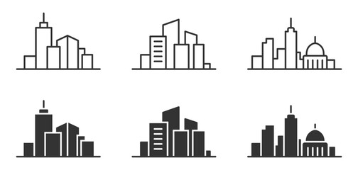 Obraz premium Minimalist cityscape icons collection featuring modern urban skylines.