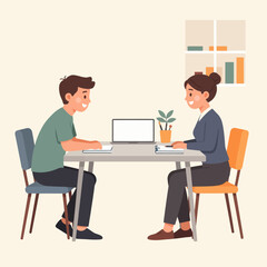 Fototapeta premium Woman interviewing man at a table with laptop, discussing work