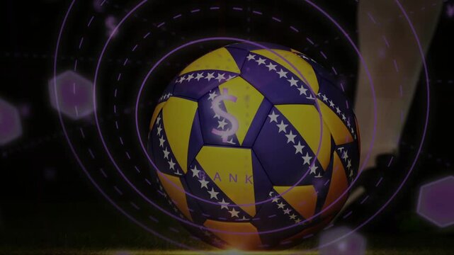 Player approaching ball, contacting and causing BANK overlay, ball rotating back with pulsing rings