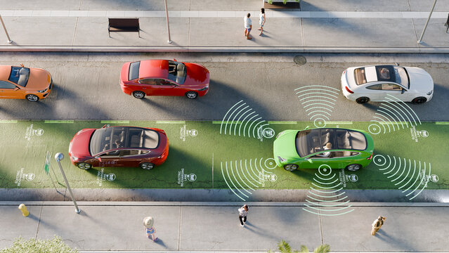 3D illustration of electric vehicles circulating on an urban re-charge lane