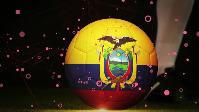 Player kicking Ecuador soccer ball to send it off frame, pink particles drifting around legs