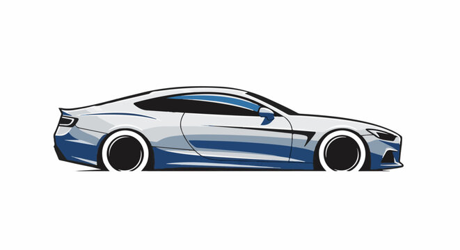 Sleek silver and blue sports car with black rims and white wall tires