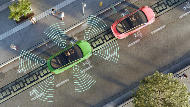 3D render top view of a smart electric vehicle emitling radio signals