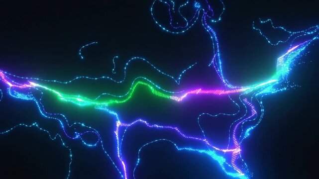 Pulsing neon waveform shifting across frames for display on black, cyan magenta green bars, lines