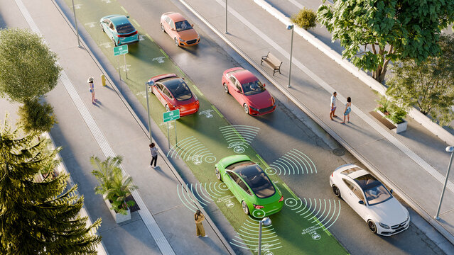 3D illustration of electric vehicles circulating on a re-charge lane