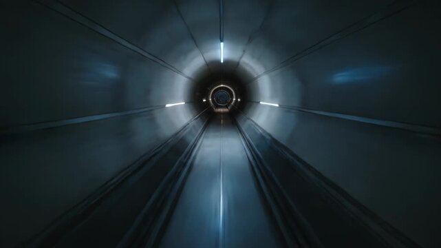 Moving camera through curved tunnel toward illuminated ring, showing parallel paths and LED glow
