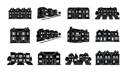 Naklejka premium Residential house silhouette icons, set of 12 suburban home vector illustrations, black and white real estate building graphics for property maps