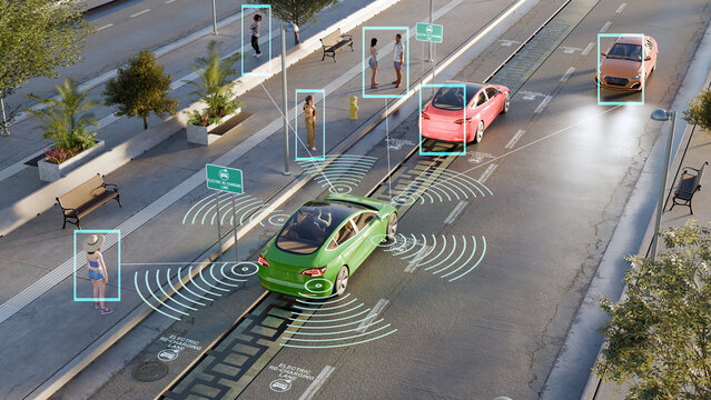 3D illustration of a smart electric vehicle on a re charging lane