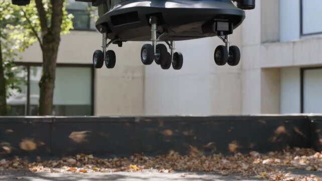 Starting motors lifting delivery drone from courtyard ledge, landing wheels disturbing dry leaves