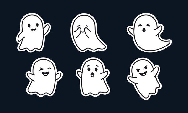 Cute mini ghost halloween characters flat vector sticker set